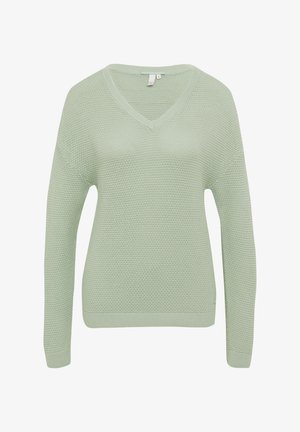 Jasnozielony sweter z dzianiny z dekoltem w serek, długimi rękawami i teksturowanym materiałem. Prążkowane mankiety i dół oraz luźny krój.