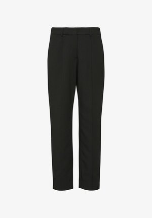 Zwarte op maat gemaakte broek met een platte voorkant, twee zijzakken en een cropped ontwerp, gemaakt van een gladde, geweven stof.