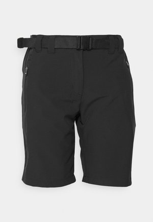 Svarte shorts laget av lett materiale, med teksturert stoff, justerbart belte og glidelåsede sidelommer.