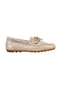 Mocassin pour femmes en cuir beige pailleté avec semelle en caoutchouc et détail nœud sur le dessus, vue latérale, chaussure décontractée à enfiler.