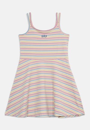 Sleeveless dress with pink, blue, yellow, and white horizontal stripes and "GAP" logo centered on the chest.
