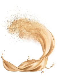 Un liquide doré fluide et des particules chatoyantes créent une forme de vague dynamique sur un fond blanc, mettant en valeur une texture brillante et une variation de couleur.