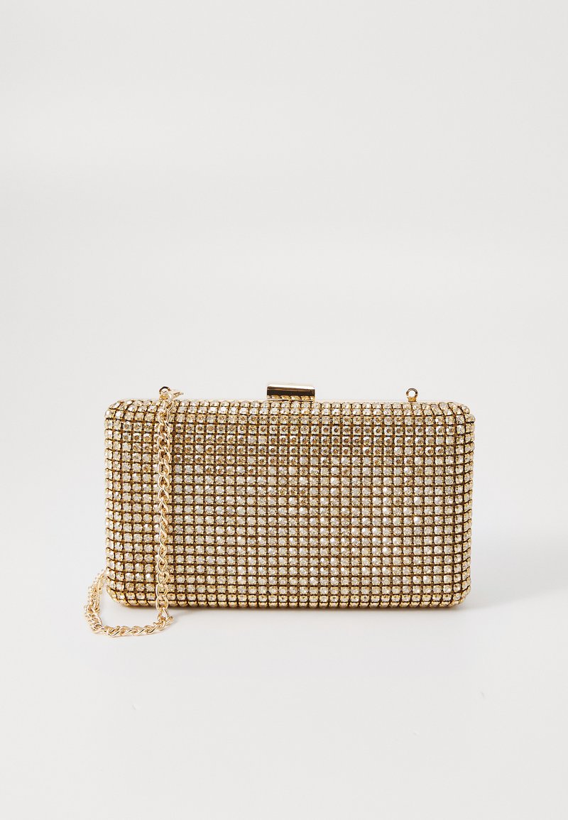 Gold clutch purse adorned with a grid of rhinestones, featuring a metallic clasp and chain strap. Rectangular shape, smooth texture.