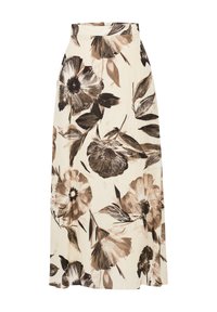 Jupe maxi à motif floral en crème, ornée de fleurs brunes et noires avec des feuilles vertes. Fabriquée en tissu léger avec une coupe décontractée.
