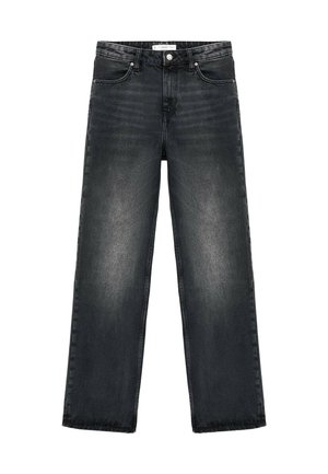 Jean en denim noir à coupe décontractée, jambes droites et légères décolorations. Présente une fermeture à bouton et un design à cinq poches pour plus de fonctionnalité.