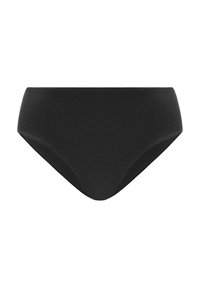 Fiești bikini de jos înalt, negri, dintr-un material neted. Prezintă un design fără cusături, fără cusături vizibile sau accente.