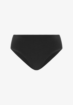 Czarny bikini o wysokiej talii, wykonany z gładkiego materiału. Posiada bezszwowy design, bez widocznych szwów czy dodatków.