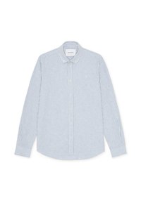 Μακρυμάνικο πουκάμισο με ανοιχτό μπλε και λευκές ρίγες, σχεδιασμός με κουμπιά, βαμβακερό υλικό, γιακάς με μυτερές άκρες, διακριτικό λογότυπο στο στήθος.
