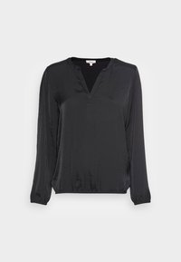 Svart långärmad blus med V-ringning, tillverkad av ett glansigt tyg, med en avslappnad passform och rynkade manschetter. Slät textur utan mönster.