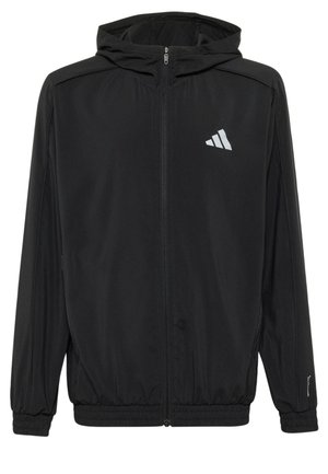 Giacca nera con cappuccio e zip, polsini ed orlo elasticizzati, con logo Adidas bianco sul petto e scritta Climacool sulla manica.