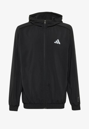 Chaqueta negra con capucha y cremallera, con puños y dobladillo elásticos, con el logotipo blanco de Adidas en el pecho y texto Climacool en la manga.