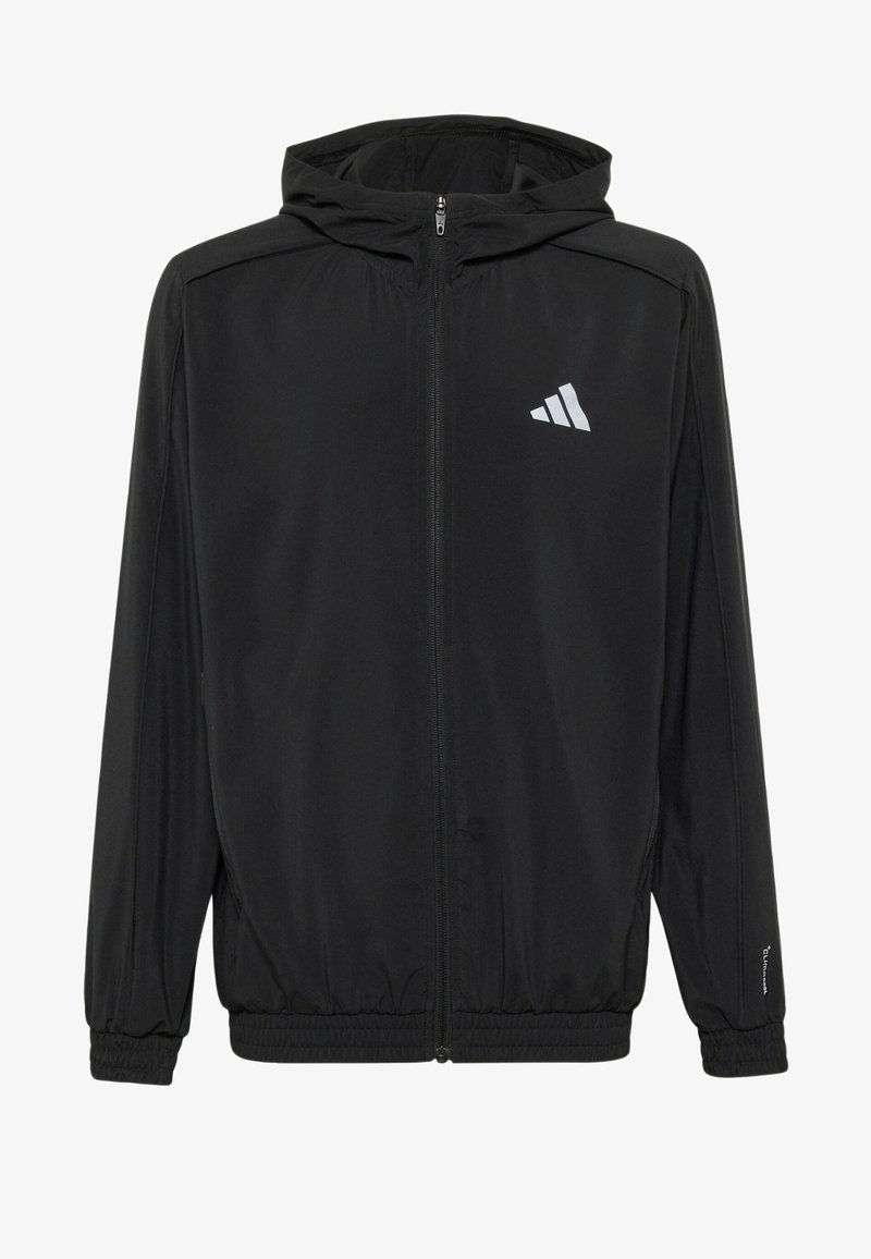 Veste noire à capuche zippée avec poignets et ourlet élastiques, avec un logo blanc Adidas sur la poitrine et le texte Climacool sur la manche.