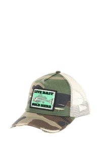 Camo trucker hat in green, featuring a distressed bill. Front patch displays a fish with "LIVE BAIT SOLD HERE" in black and mint text.