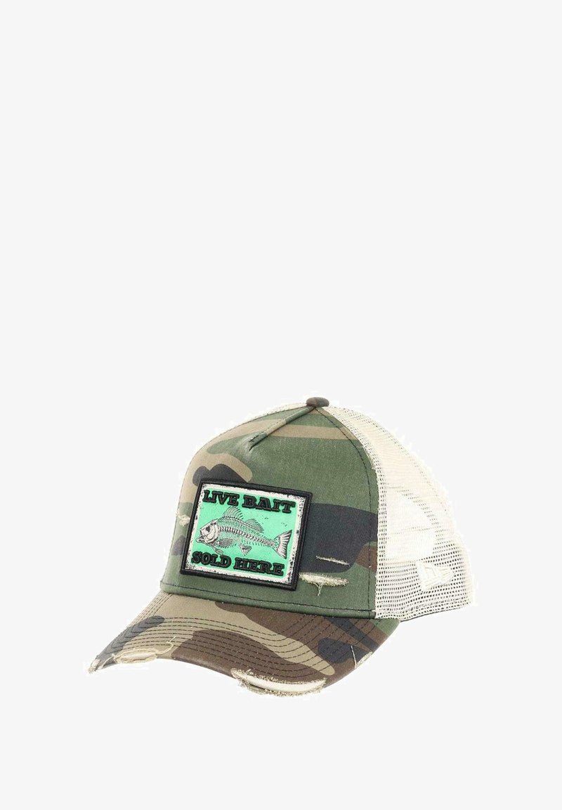 Camo trucker hat in green, featuring a distressed bill. Front patch displays a fish with "LIVE BAIT SOLD HERE" in black and mint text.