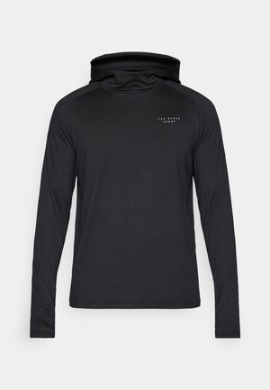 Čierna mikina s kapucňou a dlhým rukávom vyrobená z ľahkej tkaniny. Obsahuje diskrétne logo na hrudi a elegantný, štíhly siluet.