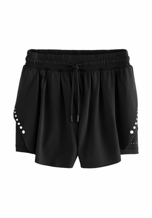 Czarne spodenki sportowe z elastycznym pasem, z detalem w postaci sznurka i ozdobnymi białymi okręgami po bokach. Lekka tkanina i luźny krój.