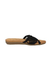 Svart vävd slidesandal med en korksula och en flexibel tan yttersula. Har en intrikat design och en öppen tåstruktur.