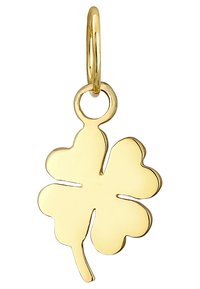Guld firkløver charm med en glat, poleret overflade og åben løkke til fastgørelse. Har afrundede spidser og en slank stilk.