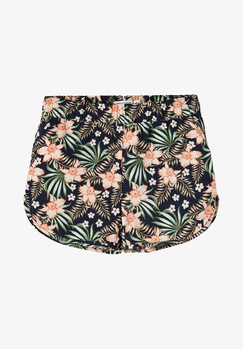 Short noir avec taille élastique, décoré d'un motif de feuilles vertes et de fleurs tropicales couleur pêche.