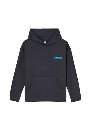Zwarte hoodie met voorzak en klein blauw "ELEMENT" logo op de linkerborst, frontaal weergegeven op een witte achtergrond.