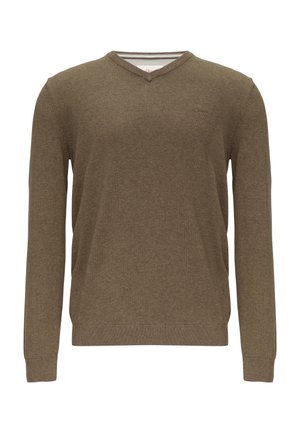 Bruine, lange mouwen trui van gebreid materiaal met een V-hals, geribde manchetten en zoom, met een subtiele textuur en een logo op de borst.