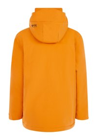 Oranje waterdichte jas met een capuchon, met een gladde textuur, rechte snit en subtiele branding op de achterkant.