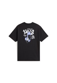 Zwarte katoenen t-shirt met een grafische print op de achterkant van een paarse figuur en witte tekst. Ronde hals, korte mouwen, casual fit.