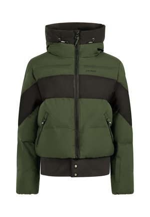Grüne und schwarze Puffjacke mit Reißverschluss vorne, verstellbarer Kapuze und zwei Seitentaschen; verfügt über ein horizontales Paneeldesign und Druckknopfverschluss.