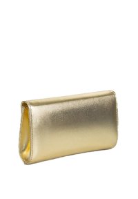 Clutch metallico oro con texture liscia, forma rettangolare sottile e design pieghevole, con bordi puliti e senza hardware visibile.