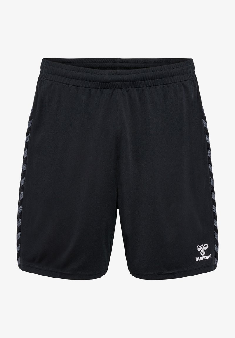 Schwarze Sportshorts aus leichtem Material, mit einem strukturierten Bund und grauen Zickzackstreifen an den Seiten sowie einem Logo.