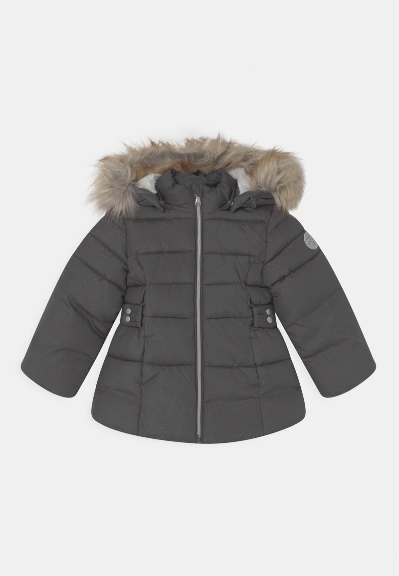 Veste d'hiver matelassée gris foncé avec fermeture éclair frontale, lanières latérales à boutons, et une capuche bordée de fausse fourrure marron clair.