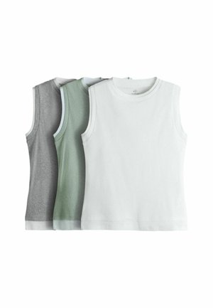 Trois débardeurs sans manches à col rond en blanc, vert clair et gris, disposés côte à côte sur un fond blanc.