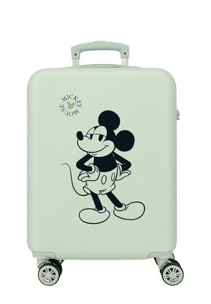 Maleta rígida gris claro con un diseño clásico de Mickey Mouse en blanco y negro y cuatro ruedas giratorias.