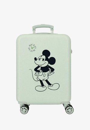 Maleta rígida gris claro con un diseño clásico de Mickey Mouse en blanco y negro y cuatro ruedas giratorias.