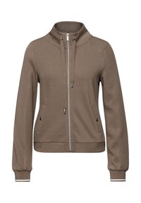 Chaqueta marrón con cremallera y cuello alto, cordones ajustables, dos bolsillos delanteros con botones de presión y puños acanalados con detalle de raya blanca.