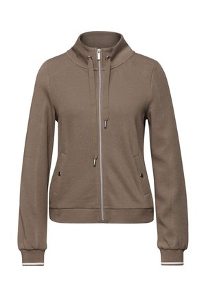 Veste marron à fermeture éclair avec col montant, cordons de serrage, deux poches avant avec boutons-pression, et poignets côtelés avec un détail de bande blanche.