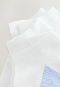 Pile de trois chaussettes blanches courtes avec tissu texturé et talon bleu clair sur fond neutre.