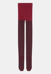 Collants bordô com uma seção inferior texturizada e brilhante. Seção superior lisa e dedos reforçados com realces azuis. Material macio e elástico.