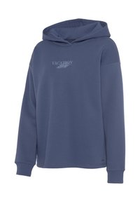 Felpa con cappuccio blu con grande logo "VACANZA" e design di foglia sul petto. Presenta maniche lunghe e polsini a costine. Tessuto morbido.