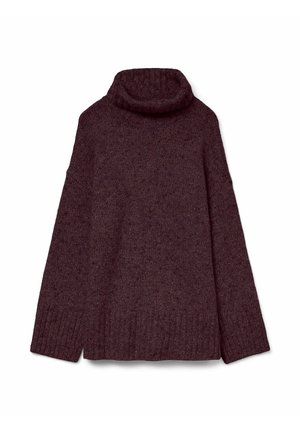 Burgunderfarbener Rollkragenpullover, gestrickte Textur, lockere Passform, gerippte Bündchen und Saum. Weiches Material mit subtilen Variationen in Farbton und Farbintensität.