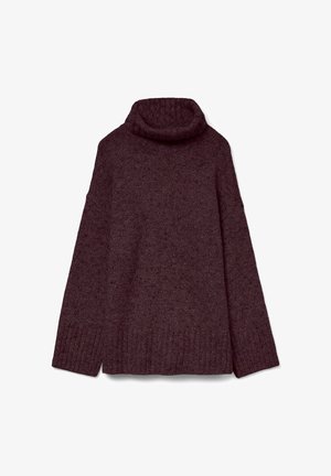 Burgundy turtleneck sweater, knitted texture, loose fit, ribbed cuffs and hem. Soft material with subtle variations in shade and color depth.