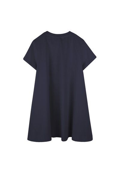 Robe t-shirt bleu marine à manches courtes, décolleté rond et en forme de A. Tissu doux et lisse avec un design simple et sans ornements.