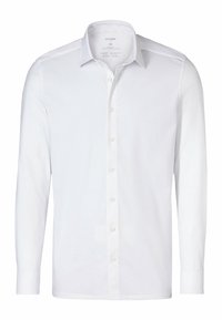 Chemise blanche à manches longues boutonnée, en tissu lisse. Comprend un col classique, des boutons sur le devant et des poignets. Sans motifs ni accents.