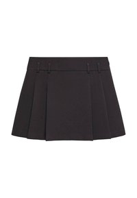 Falda negra plisada con una textura suave, que presenta una cinturilla ajustada y tres passantes para cinturón. Diseño simple, corte hasta la rodilla.