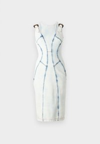 Denim dress in light blue, featuring structured seams, a fitted silhouette, and hardware accents on shoulder straps. Smooth texture throughout.
