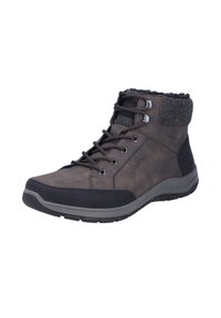 Botas marrones de media altura con exterior de cuero texturizado, acentos negros de material sintético, suela de goma gris y puño de tela. Presenta un diseño de cordones.