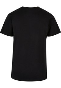 Tricou din bumbac negru, cu decolteu rotund și mâneci scurte, având o textură netedă și o margine dreaptă la baza.