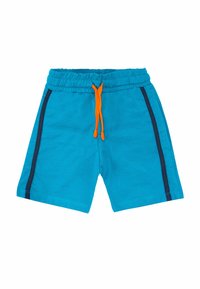 Turkise shorts med elastisk talje, orange snor og marineblå sidelister. Fremstillet af blødt stof, med et enkelt design.