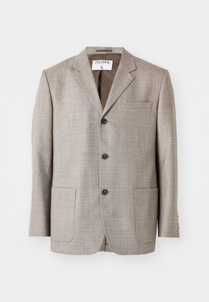 Light brown blazer with a textured fabric, notched lapels, front buttons, and two front pockets. Label reads "Filippa K."