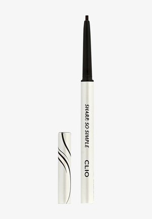 Crayon eyeliner blanc fin avec embout noir rétractable et bouchon assorti avec des lignes courbes noires, étiqueté « Sharp So Simple Clio ».